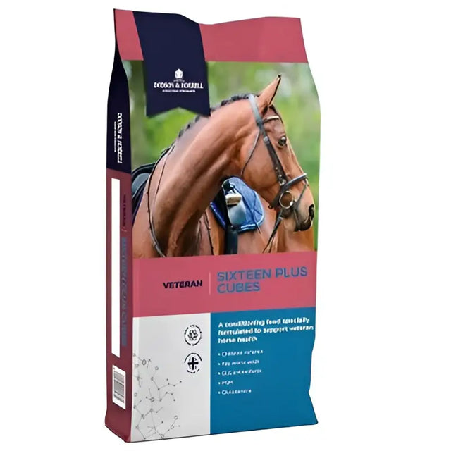 A 20 kg bag of dodson and horrell sixteen plus cubes horse feed with pink and blue packaging and a brown horse for older horses preventing weight loss