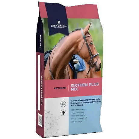 A bag of dodson & horrell sixteen plus mix horse feed for senior horses with a maroon and navy blue design and brown horse image