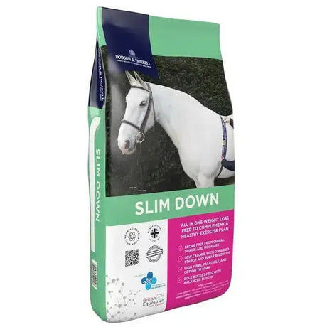 A bag of dodson & horrell slim down horse feed with green and pink packaging featuring a white horse and immune support