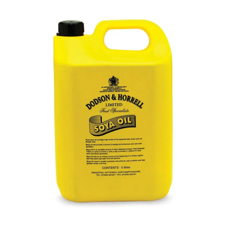 Bright yellow plastic jug of dodson & horrell soya oil with black cap for slow release high energy and coat condition