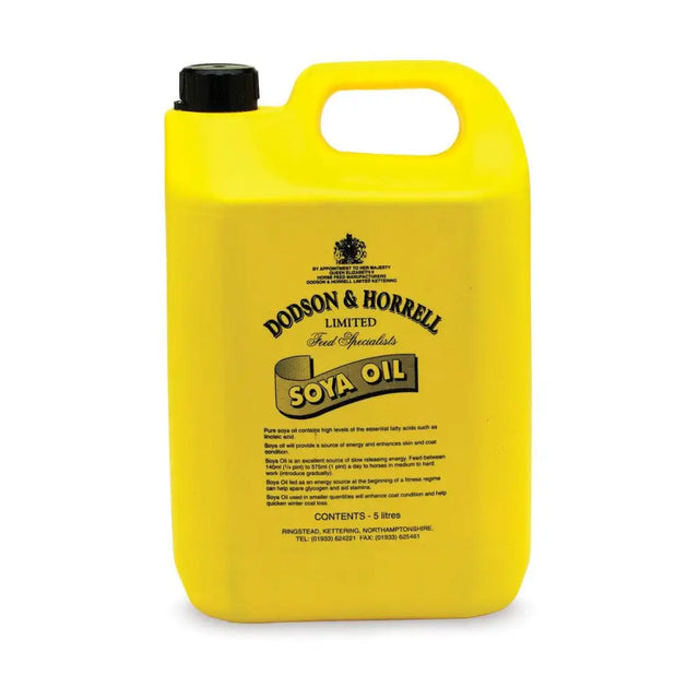 Bright yellow plastic jug of dodson & horrell soya oil with black cap for slow release high energy and coat condition