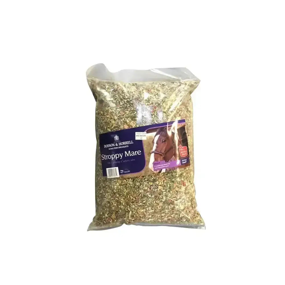A bag of dodson & horrell stroppy mare horse feed with clear packaging filled with greenish brown hay pellets for hormonal mare