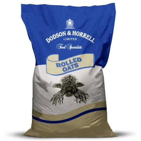 Blue and beige dodson & horrell superior bruised rolled oats bag with vintage oat harvest illustration