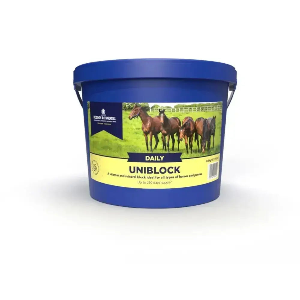 Blue plastic dodson & horrell mineral pasture block bucket with daily uniblock label for comprehensive vitamin care