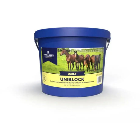 Blue plastic dodson & horrell mineral pasture block bucket with daily uniblock label for comprehensive vitamin care