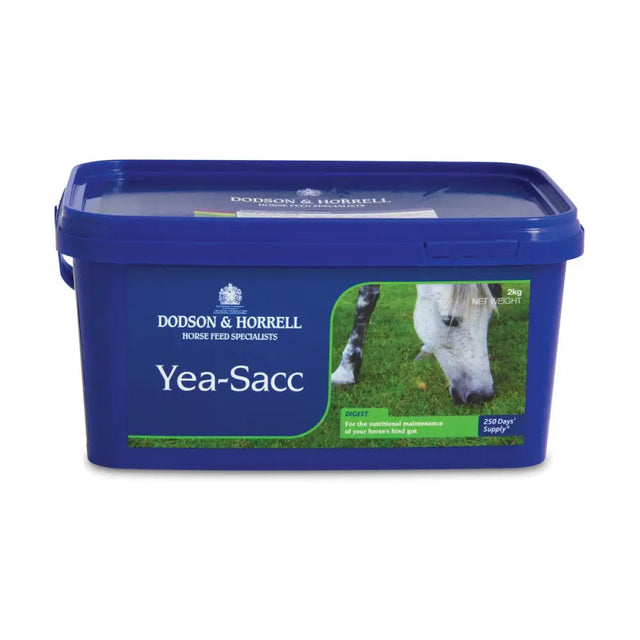 Blue plastic container of Dodson & Horrell yea-sacc horse feed for horse’s hind gut nutritional maintenance and gut balancers