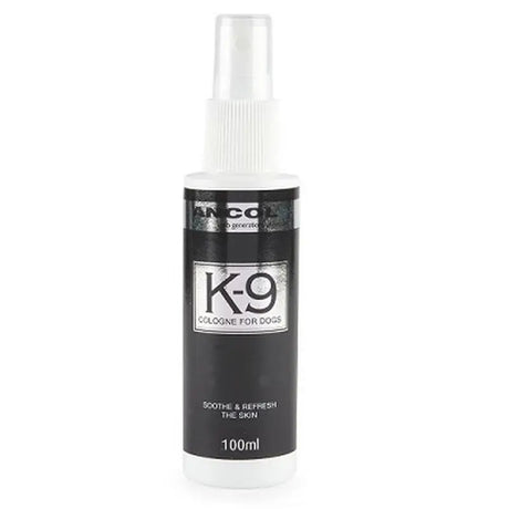Black spray bottle with white cap labeled cologne k9 100ml for dogs featuring masculine scent ancol dog cologne