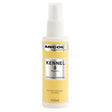 A pale yellow dog cologne kennel spray bottle with white nozzle and silver label featuring floral scents for dogs
