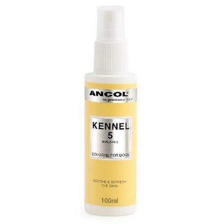 A pale yellow dog cologne kennel spray bottle with white nozzle and silver label featuring floral scents for dogs