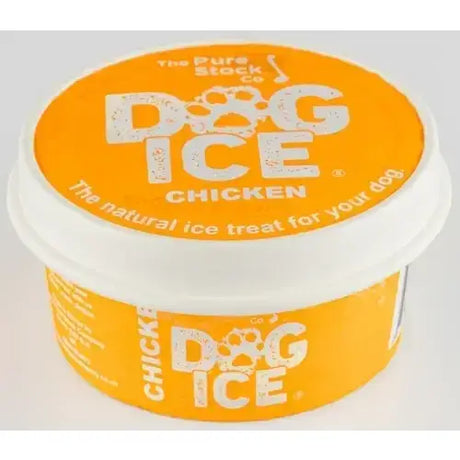 Orange and white container of dog ice frozen dog treats made with natural free-range chicken for dogs