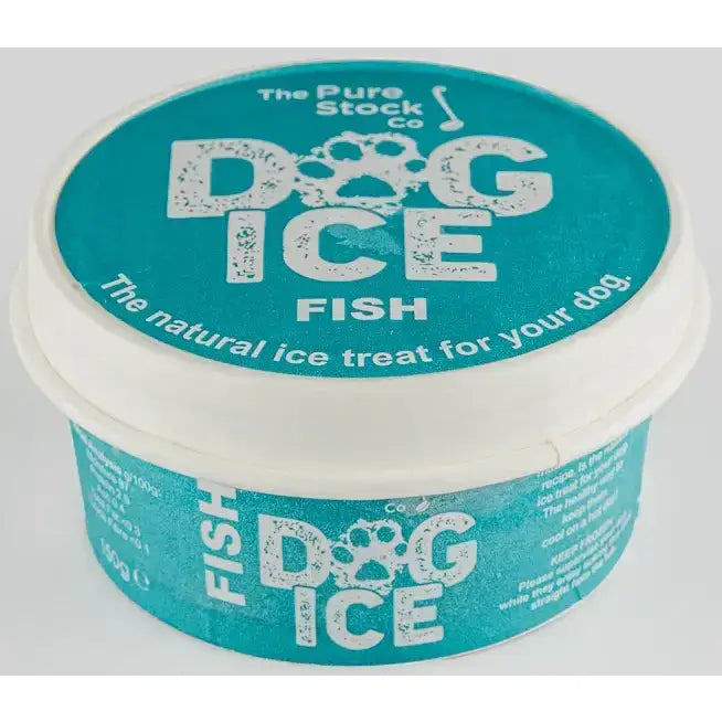 Teal and white container of dog ice frozen dog treats with natural dog ice made from free-range chicken
