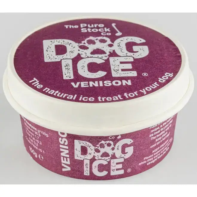 A maroon and white plastic container of dog ice venison natural frozen dog treats for dogs