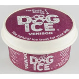 A maroon and white plastic container of dog ice venison natural frozen dog treats for dogs