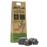 Brown paper bag of black irregular dog rocks safe australian product to help burn patches caused by pet urine