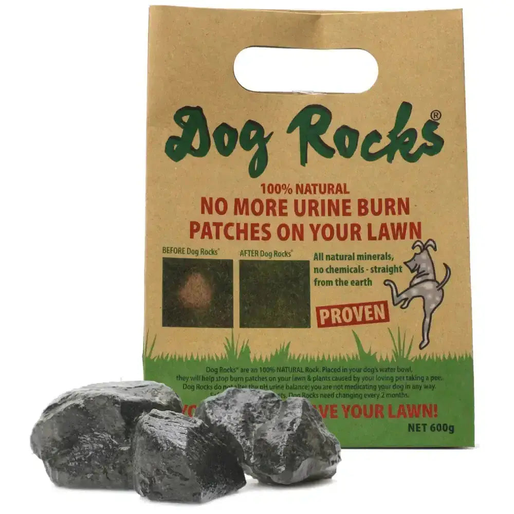 Dark rough textured dog rocks in brown paper bag safe australian product to help burn patches caused by urine