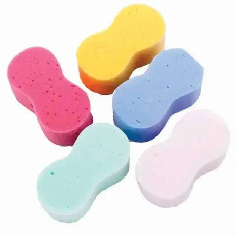 Set of five colorful oval dogbone sponge grooming sponges in pink yellow blue teal and light pink for easy cleaning