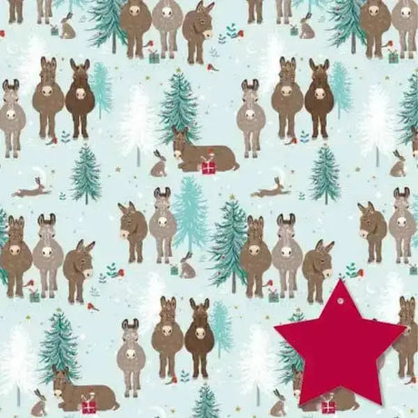 Red star-shaped tag on donkey and friends christmas gift wrapping paper for super cute friends christmas gift wrapping