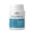 White plastic bottle of dorwest herbs cod liver oil with a teal label and white cap for healthy joints support
