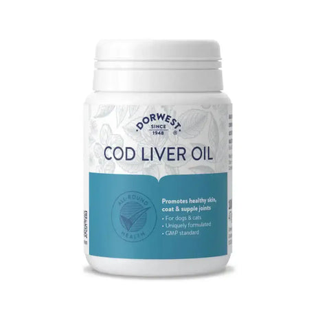 White plastic bottle of dorwest herbs cod liver oil with a teal label and white cap for healthy joints support