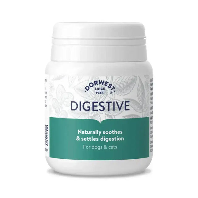 White plastic jar with teal label and white lid of dorwest herbs digestive to help settle tummies on car journeys