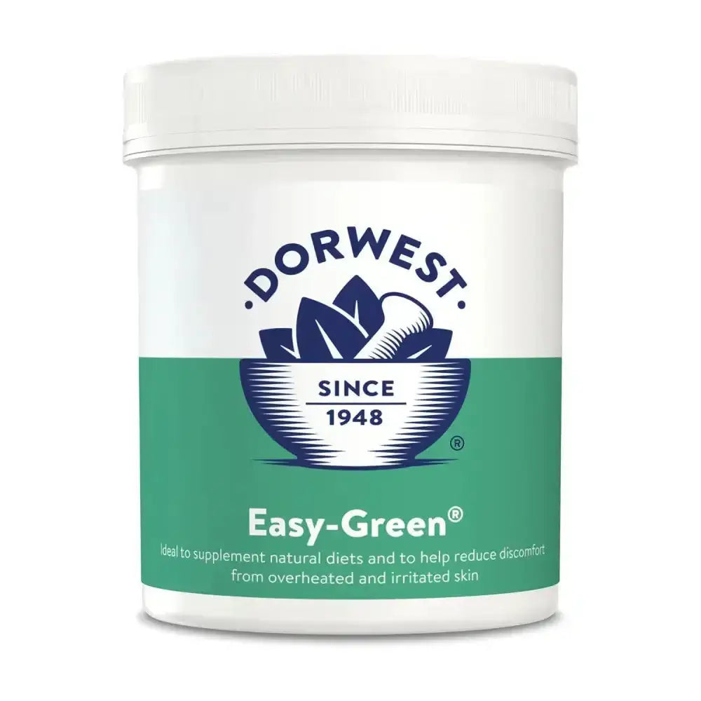 White plastic container with green label of dorwest herbs easy-green dog super green for healthy natural diet