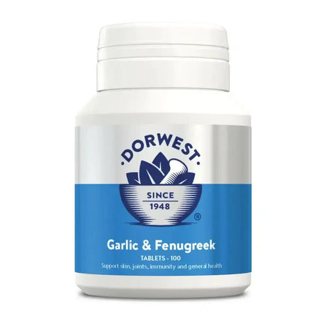 White plastic bottle of dorwest herbs garlic & fenugreek tablets 100 count for fenugreek natural support