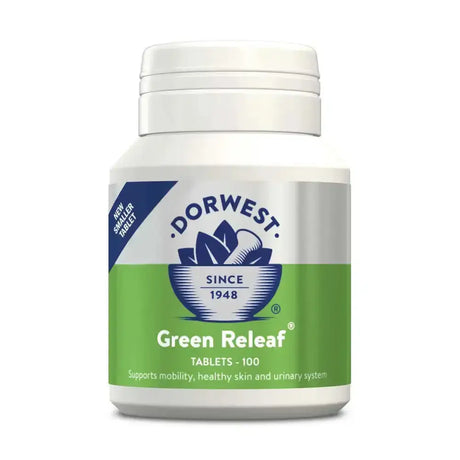 White plastic bottle of dorwest herbs green releaf tablets with green silver label for pet’s sensitive skin care