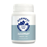 White plastic bottle of dorwest herbs jointwell tablets with blue and white label featuring lotus design for jointwell everyday joint care