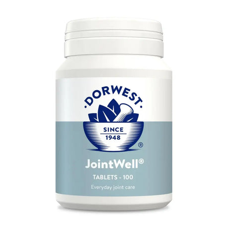 White plastic bottle of dorwest herbs jointwell tablets with blue and white label featuring lotus design for jointwell everyday joint care