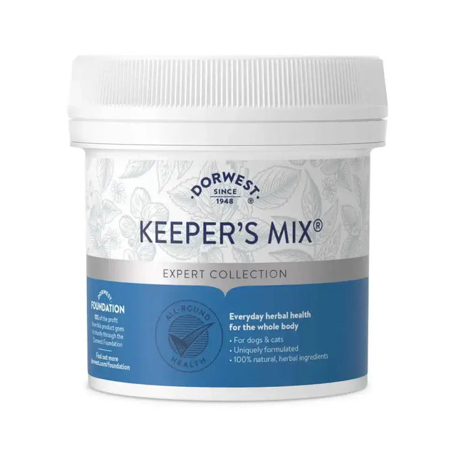 White plastic container with blue and silver label of dorwest herbs keeper’s mix popular herbal supplement to maintain optimum health