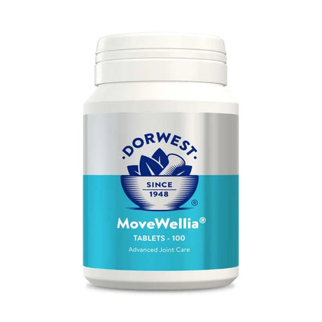 White plastic bottle of dorwest herbs movewellia advanced joint care tablets to support dogs experiencing joint issues