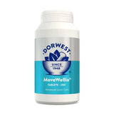 White plastic bottle of dorwest herbs movewellia with silver teal label 200 tablets for advanced joint care in dogs