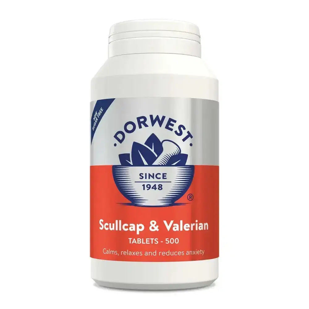 White plastic bottle of dorwest herbs scullcap and valerian tablets with red silver label for pets stress relief