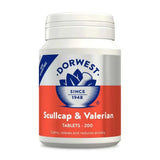 White plastic bottle of dorwest herbs scullcap and valerian tablets with a red and blue label for pets stress relief