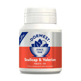 White plastic bottle of dorwest herbs scullcap and valerian tablets with red silver label for pet’s stress relief