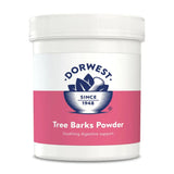 White plastic container with pink dorwest herbs tree label showing tree barks powder for pets tummy naturally