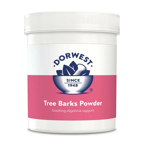 White plastic container with pink dorwest herbs tree label showing tree barks powder for pets tummy naturally