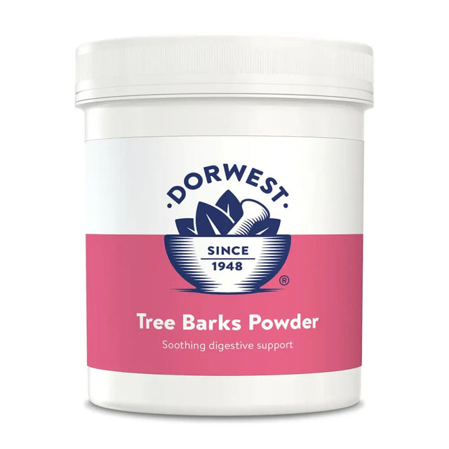 White plastic container with pink dorwest herbs tree label showing tree barks powder for pets tummy naturally