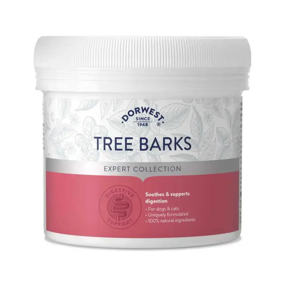 White plastic container of dorwest herbs tree barks powder with pink silver label for pet’s tummy naturally
