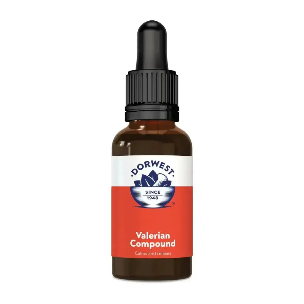 Brown glass bottle with black dropper cap of dorwest herbs valerian compound herbal quick acting solution