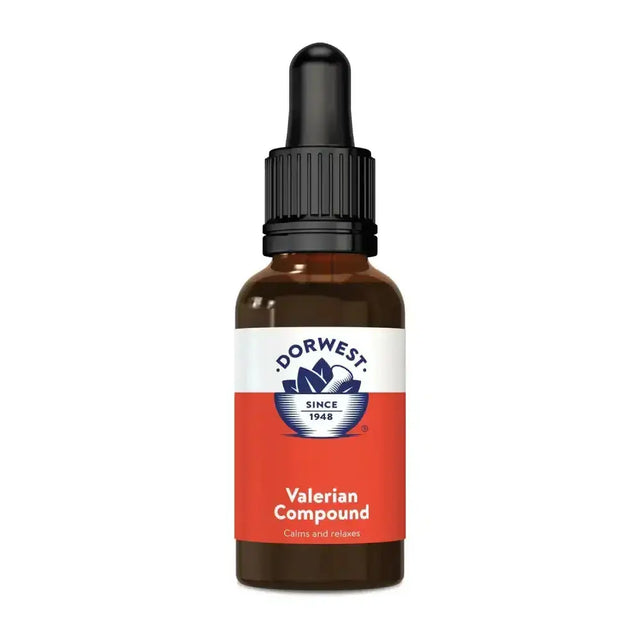 Brown glass bottle with black dropper cap of dorwest herbs valerian compound herbal quick acting solution
