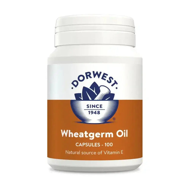 White plastic bottle of dorwest herbs wheatgerm oil capsules 100 count for dogs and cats health care