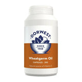 White plastic bottle of dorwest herbs wheatgerm oil capsules 200 count for dogs and cats health care