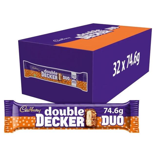 Purple and orange wrapped cadbury double decker duo chocolate bar 74.6g each packed in a box of 32 for sharing