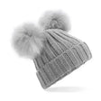 Gray knitted double pom beanie hat with two fluffy pom poms perfect for cold weather pom pom beanie hats