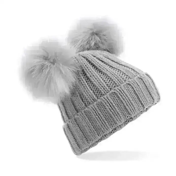 Gray knitted double pom beanie hat with two fluffy pom poms perfect for cold weather pom pom beanie hats