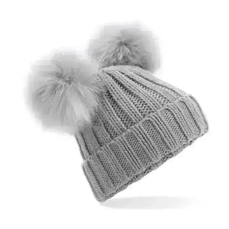 Gray knitted double pom beanie hat with two fluffy pom poms perfect for cold weather pom pom beanie hats