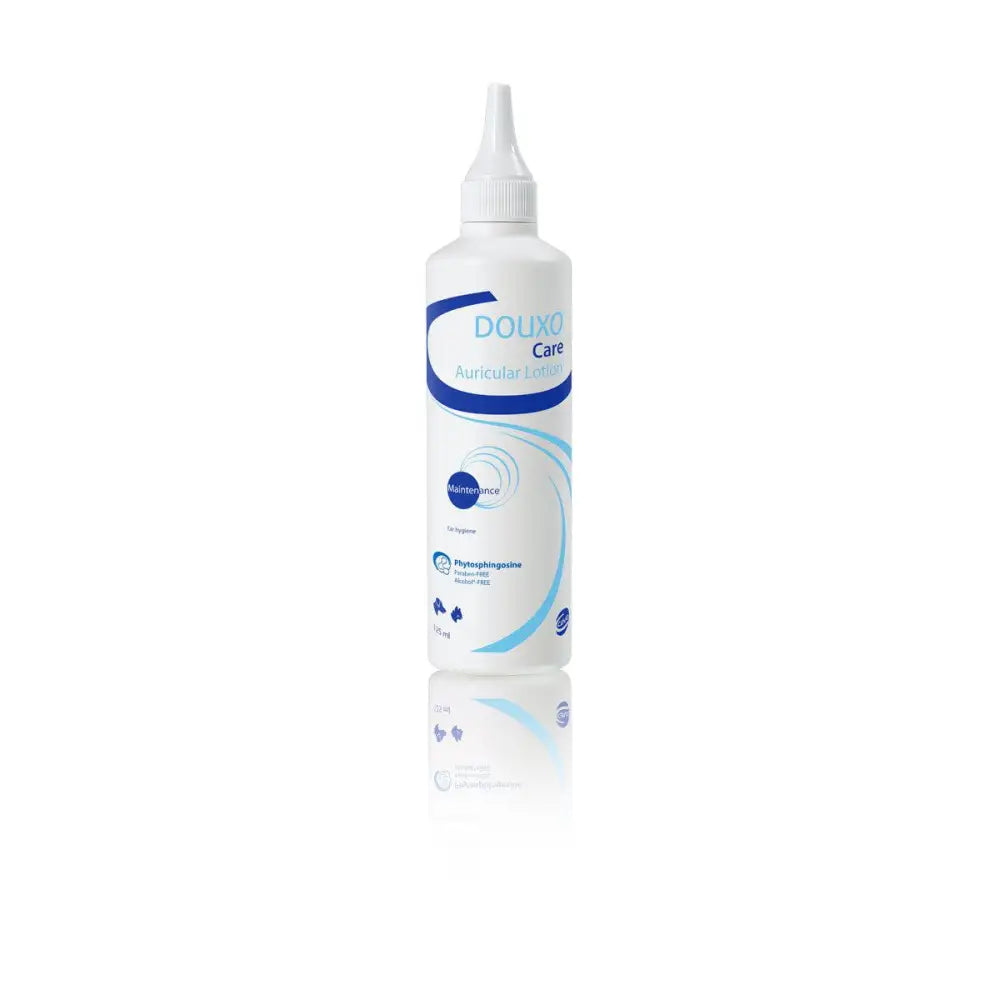 White plastic bottle of douxo care ear cleaner with blue branding and dropper cap for oily ear cleaner and wax removal