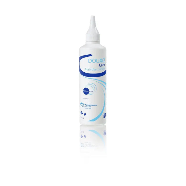 White plastic bottle of douxo care ear cleaner with blue branding and dropper cap for oily ear cleaner and wax removal