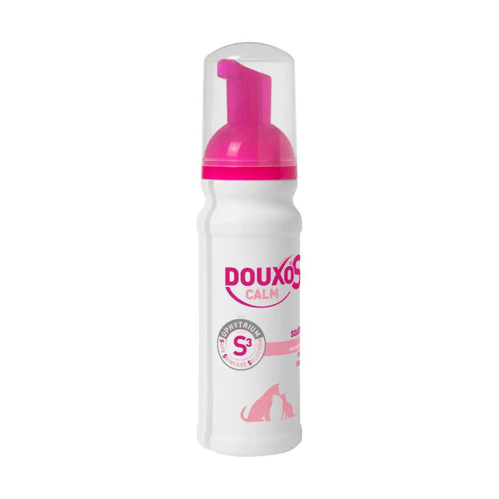 A white bottle with a bright pink pump labeled douxo s3 calm mousse featuring pink dog silhouettes and high concentration formula